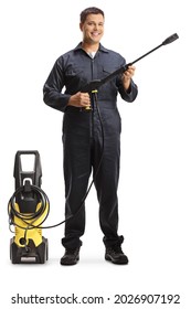 Full Length Portrait Of A Worker With A Pressure Washer Machine Isolated On White Background