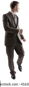 Full Length Portrait Of Young Business Man Walking While Looking Back, Away From The Camera Isolated On White Background