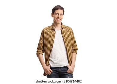 Full length portrait of young casual guy in a shirt posing isolated on white background