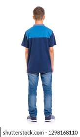 Full length portrait of young caucasian teen boy - rear view. Funny teenager - back view. Handsome child, isolated on white background.