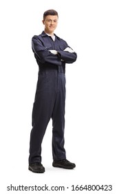 Full Length Portrait Of A Young Guy In An Overall Worker Uniform Posing And Smiling Isolated On White Background