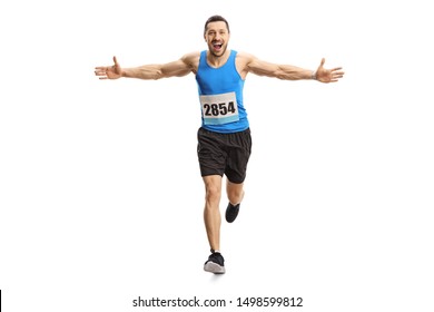 Full Length Portrait Of A Young Male Runner Running A Marathon Isolated On White Background