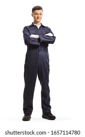 Full Length Portrait Of A Young Male Worker In A Uniform Isolated On White Background