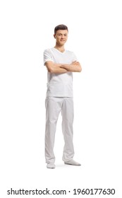 Full Length Portrait Of A Young Male Yoga Instructor Isolated On White Background