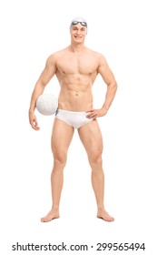 Full Length Portrait Of A Young Male Water Polo Player Holding A Ball And Looking At The Camera Isolated On White Background