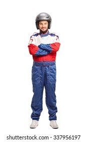 Full Length Portrait Of A Young Male Car Racer With A Gray Helmet Isolated On White Background