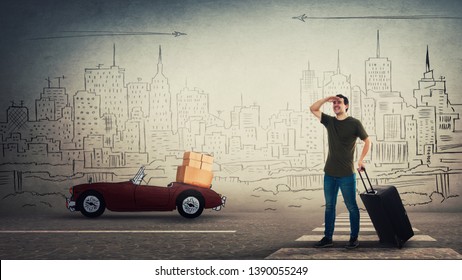 Full Length Portrait Of Young Man Traveler Carrying His Rolling Suitcase Holding Hand To Forehead Cover Eyes Looking Away. Casual Guy Moving To A New House, Travel To Another Big City To Find A Home.