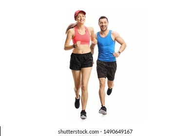 Full Length Portrait Of A Young Man And Woman Jogging Isolated On White Background