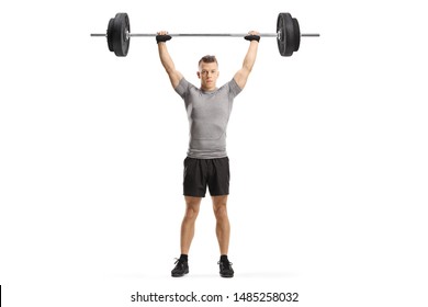 Full Length Portrait Of A Young Muscular Guy Lifting Weights Isolated On White Background