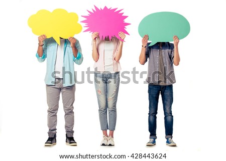 Full length portrait of young people in casual clothes hiding behind speech bubbles, isolated on white background