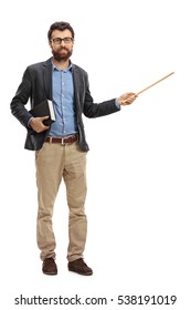 Full Length Portrait Of A Young Teacher Holding A Book And A Wand Isolated On White Background