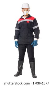 Full Length Portrait Of Young Worker Wearing Safety Protective Gear Isolated On White Background