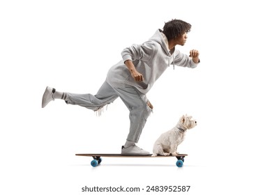 Full length profile shot of an african american guy riding a skateboard with a dog isolated on white background     - Powered by Shutterstock