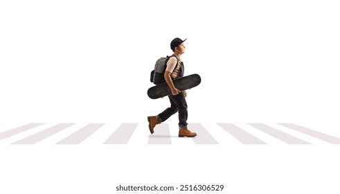 Full length profile shot of a boy walking at a pedestrian zebra sign and holding a skateboard isolated on white background - Powered by Shutterstock