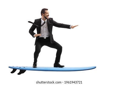 Full length profile shot of a businessman riding a surfboard isolated on white background  - Powered by Shutterstock