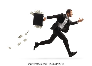 Full length profile shot of a businessman running fast and carrying a briefcase with money isolated on white background - Powered by Shutterstock