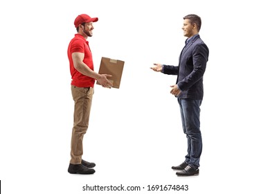 Full Length Profile Shot Of A Delivery Guy Handing A Parcel To A Man Isolated On White Background