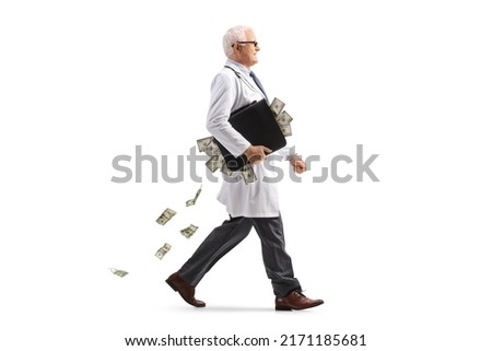 Similar – Image, Stock Photo Rich Doctor Man with Usd money. Handsome Medical Health Care Worker In White Coat with salary, payment. Jackpot, win