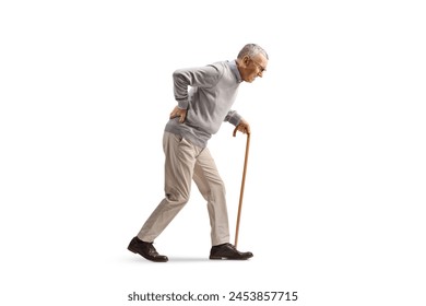 Full length profile shot of an elderly man walking with a bent back isolated on white background - Powered by Shutterstock