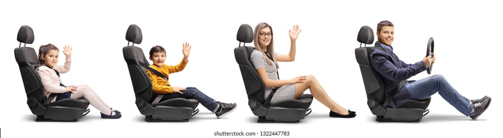 Full Length Profile Shot Of A Family Of A Mother, Son And Daughter In Car Seats Waving And A Father Holding A Steering Wheel With Seat Belts On Isolated On White Background