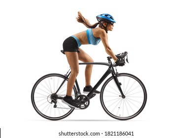 Full Length Profile Shot Of A Female Cyclist Riding A Bicycle With A Helmet Isolated On White Background