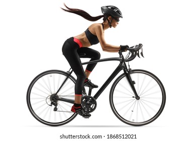 Full Length Profile Shot Of A Female Cyclist With A Long Hair Riding A Road Bike Isolated On White Background