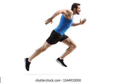 Full Length Profile Shot Of A Fit Man Starting To Run Fast Isolated On White Background