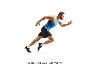 Full length profile shot of a fit man starting a run isolated on white background - Powered by Shutterstock