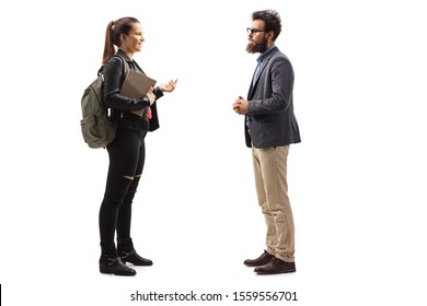 Full length profile shot of a girl with a backpack and a book talking to a bearded man isolated on white background