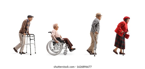 Full length profile shot of a group of senior people walking in a line with orthopedic equipment isolated on white background