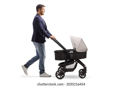 Full Length Profile Shot Of A Happy Father Pushing A Stroller Isolated On White Background