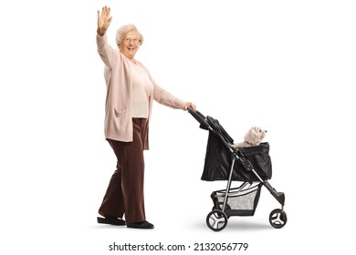 Full Length Profile Shot Of A Happy Elderly Woman Pushing A Dog Stroller And Waving Isolated On White Background