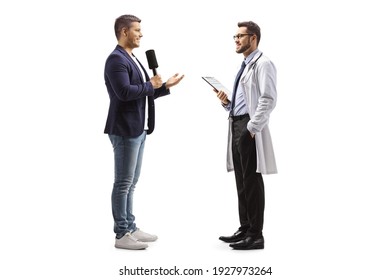 Full Length Profile Shot Of A Male Reporter Interviewing A Doctor Isolated On White Background