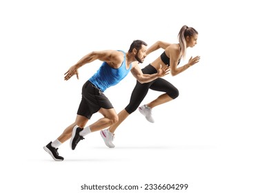 Full length profile shot of a male and female runners isolated on white background - Powered by Shutterstock