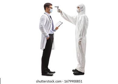 Full Length Profile Shot Of A Man In A Hazmat Suit Measuring Body Temperature To A Male Doctor Wearing Medical Mask Isolated On White Background