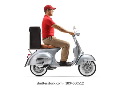 Full length profile shot of a man delivering takeaway food with a scooter isolated on white background - Powered by Shutterstock