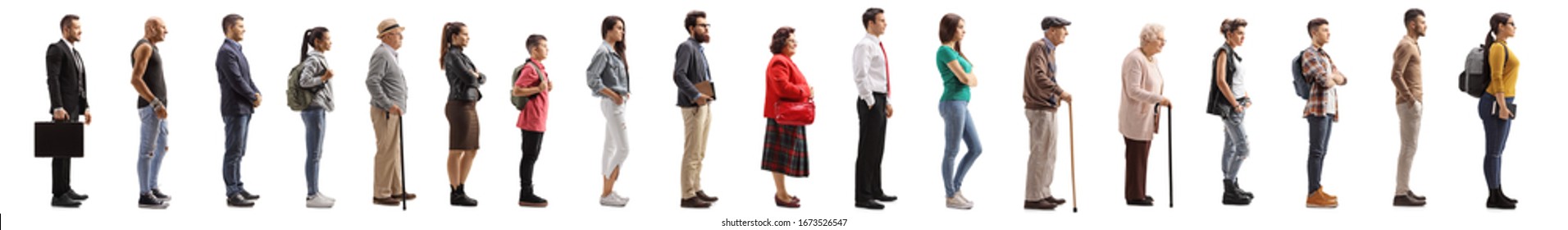 Full length profile shot of many young and older people waiting in line isolated on white background