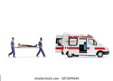 Full Length Profile Shot Of Medical Workers Carrying A Stretcher With A Female Patient Into An Ambulance Van Isolated On White Background