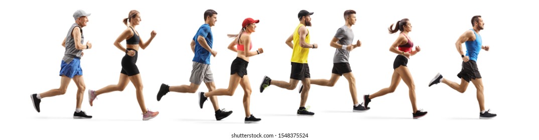 Full length profile shot men and women running a marathon isolated on white background