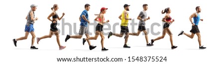 Full length profile shot men and women running a marathon isolated on white background
