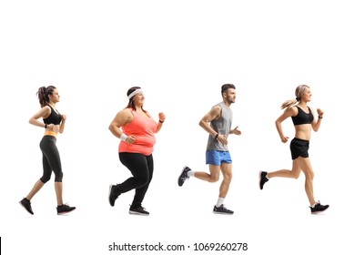 Full length profile shot of people in sportswear running isolated on white background