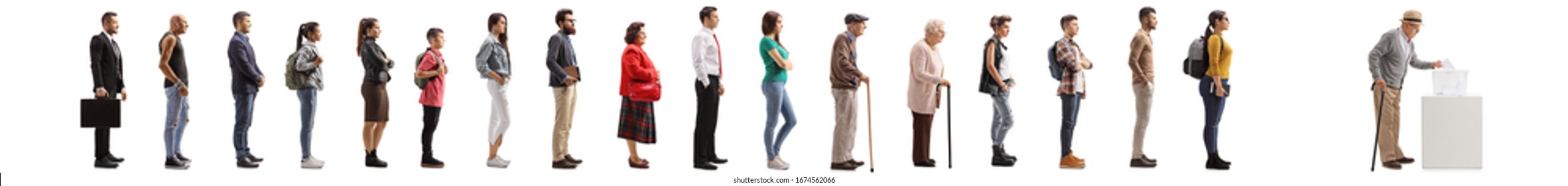 Full Length Profile Shot Of People Waiting In Line To Vote At Election Isolated On White Background