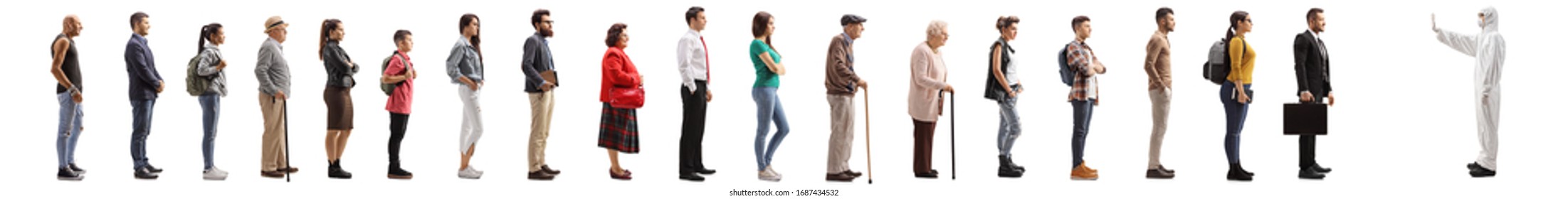 Full Length Profile Shot Of People Waiting In Line And A Man In A White Decontamination Suit Gesturing Stop Isolated On White Background 