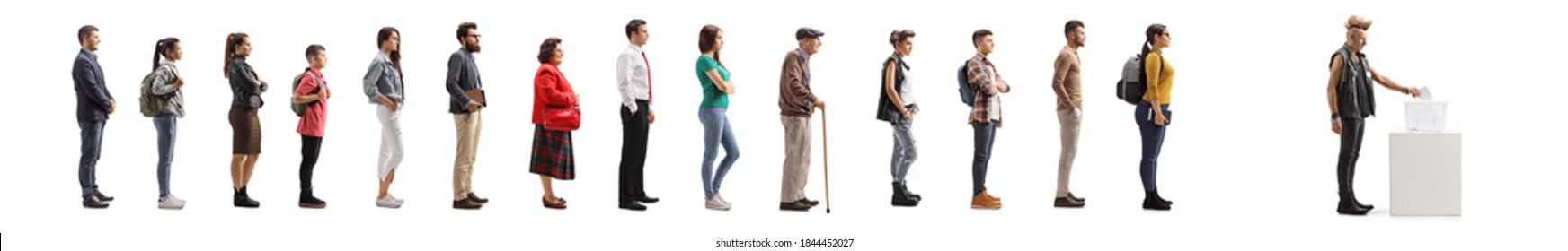 Full Length Profile Shot Of People Waiting In A Line And Punk With A Mohawk Voting Isolated On White Background