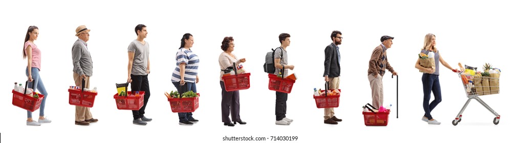Full length profile shot of people with groceries waiting in line isolated on white background