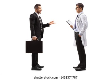 Full length profile shot of a pharmaceutical company representative talking to a doctor isolated on white background