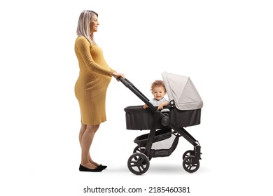 Full Length Profile Shot Of A Pregnant Woman With A Child In A Stroller Isolated On White Background