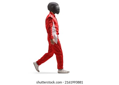 Full length profile shot of a racer in a red suit and black helmet walking isolated on white background