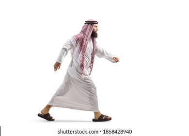 Full Length Profile Shot Of A Saudi Arab Man In A Thobe Running Isolated On White Background