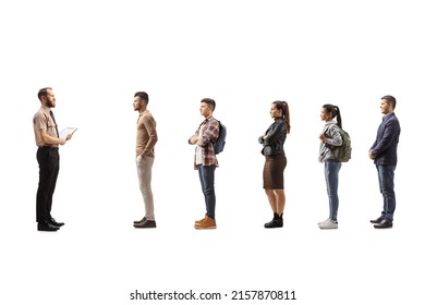 Full Length Profile Shot Of A Security Officer Standing In Front Of People Waiting In Line Isolated On White Background